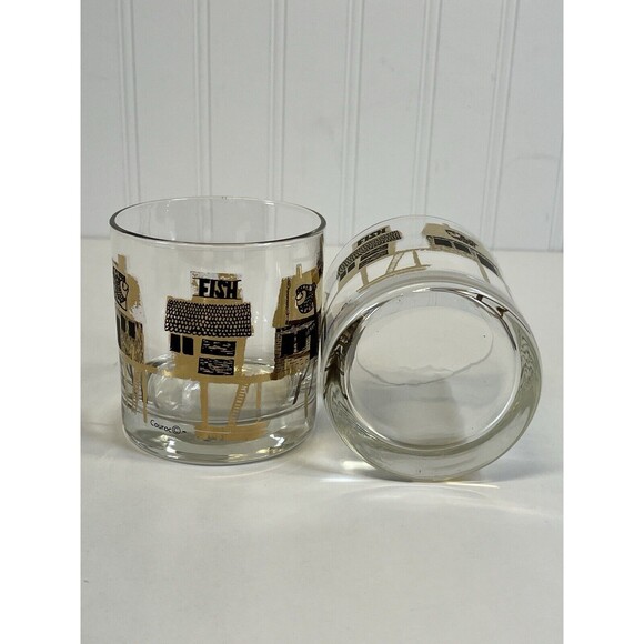 1960's Art Deco 22K Gold Fish Wharf Whiskey Glass San Fran Barware Arcoroc Set-2 - Picture 6 of 11